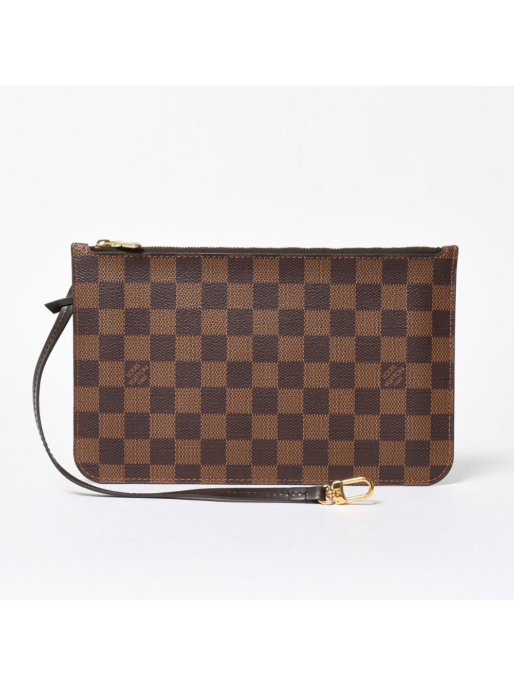 Louis Vuitton Neverfull Pouch Handbag Damier Ebene Brown Gold